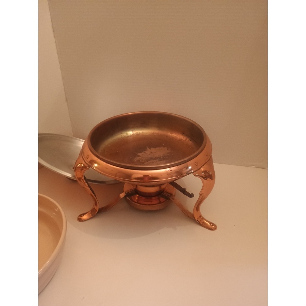 Vintage Copper Brass Skillet Chaffing Dish Fondue Pot with Wood Handle & Stand - Picture 4 of 6